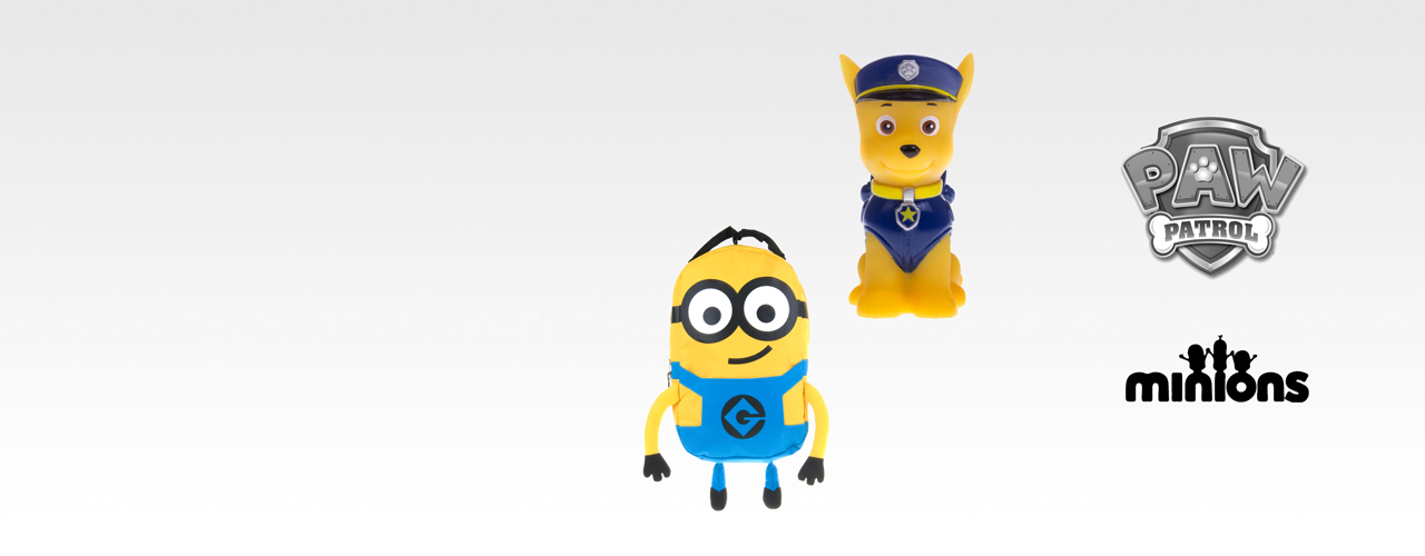 banner con logo y productos de Paw Patrol y Minions