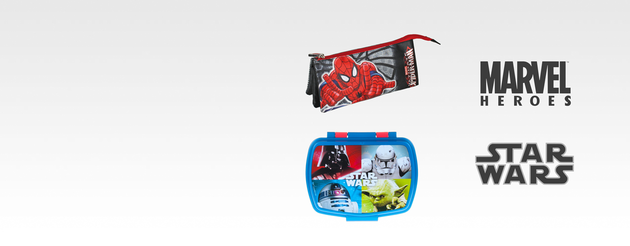 banner con logo y productos de Star Wars y Marvel